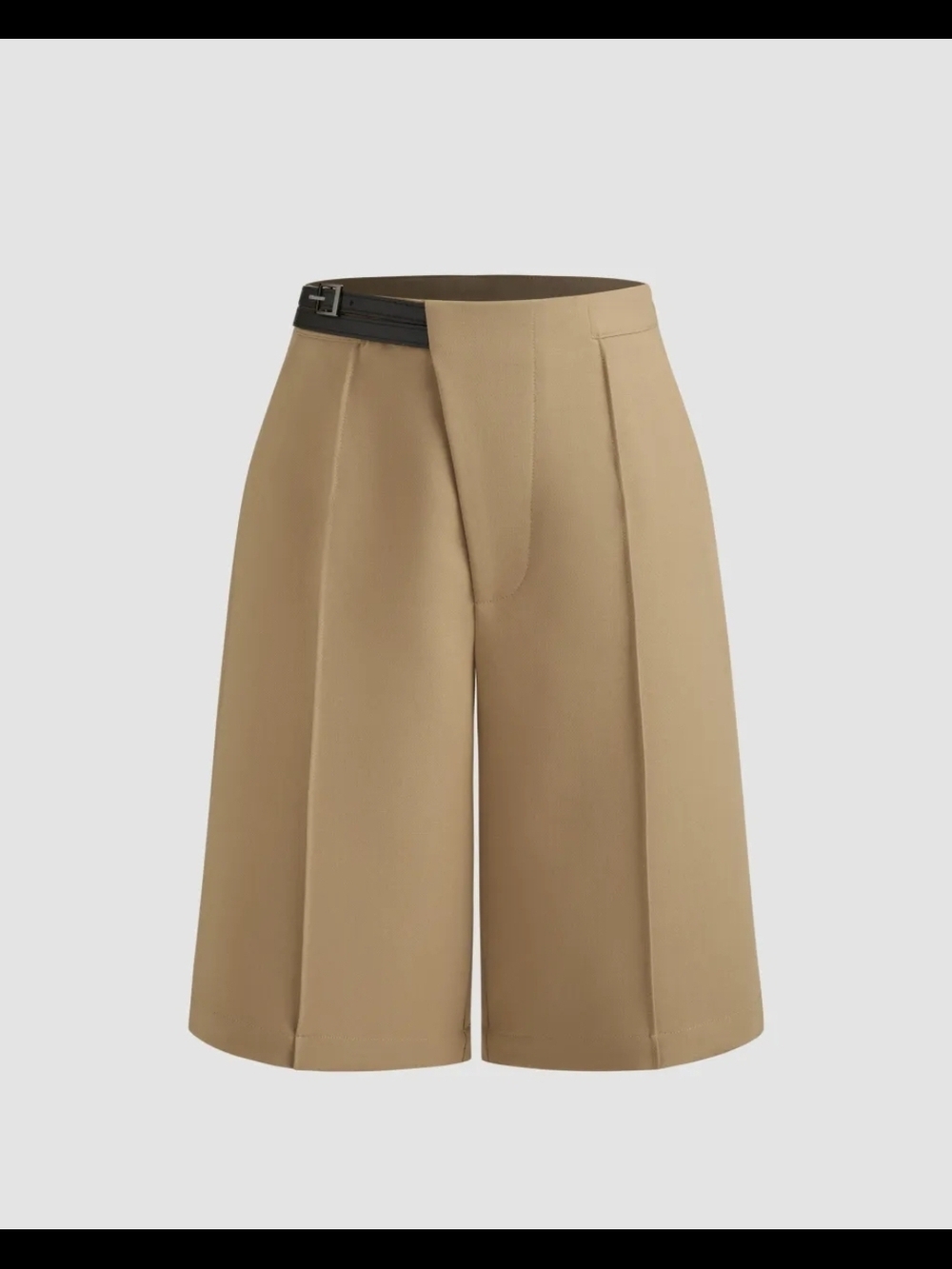 Camel Wide-Leg Bermuda Shorts with Black Belt Detail
